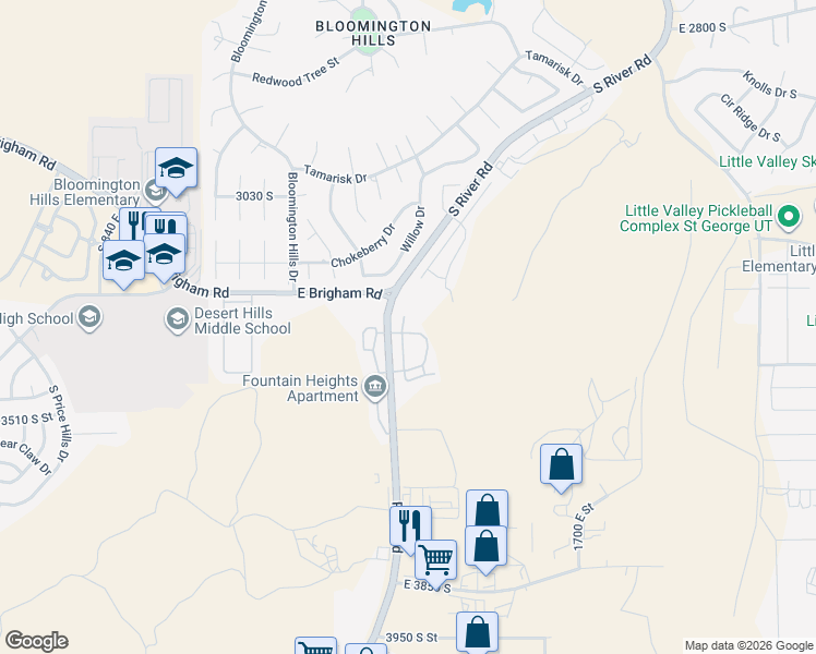 map of restaurants, bars, coffee shops, grocery stores, and more near 3419 South River Road in St. George