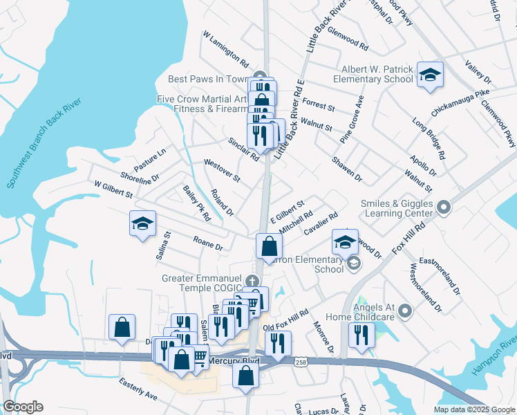 map of restaurants, bars, coffee shops, grocery stores, and more near 5 Mac Alva Drive in Hampton