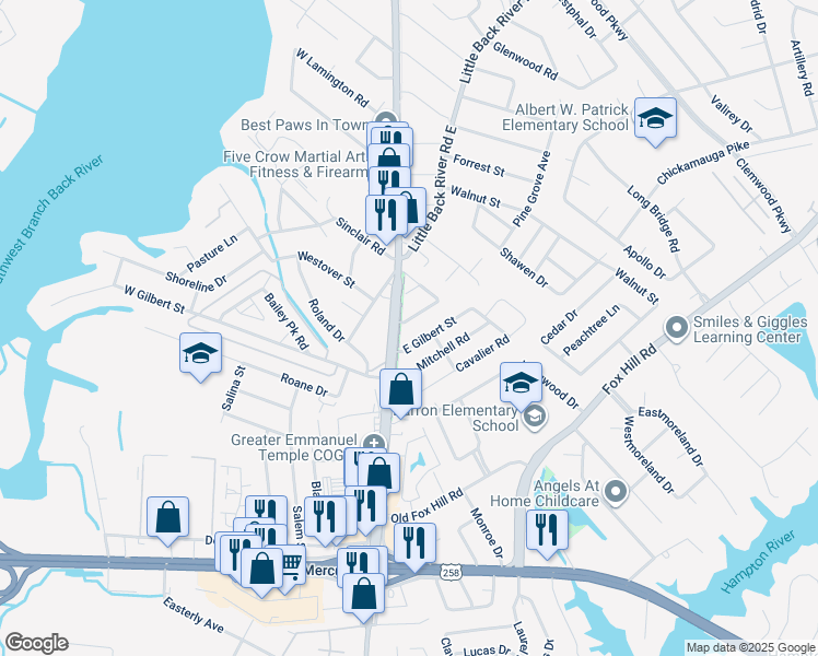 map of restaurants, bars, coffee shops, grocery stores, and more near 4 Macalva Drive in Hampton