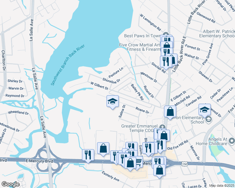 map of restaurants, bars, coffee shops, grocery stores, and more near 263 West Gilbert Street in Hampton