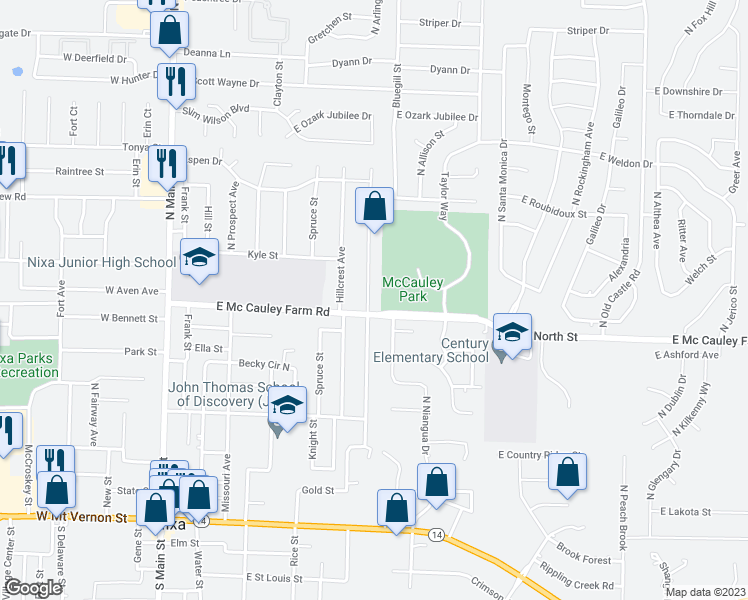 map of restaurants, bars, coffee shops, grocery stores, and more near 604 North Hightower Avenue in Nixa
