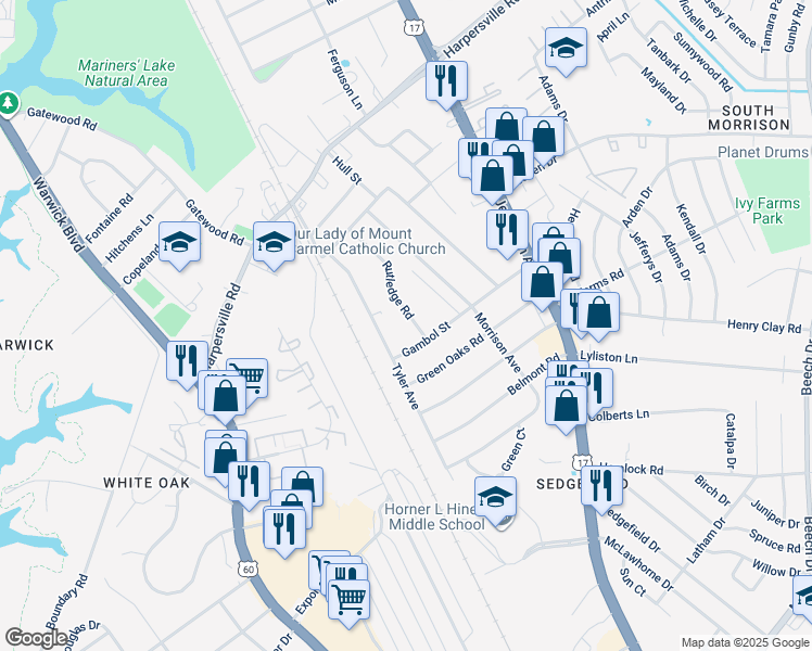 map of restaurants, bars, coffee shops, grocery stores, and more near 31 Rutledge Road in Newport News
