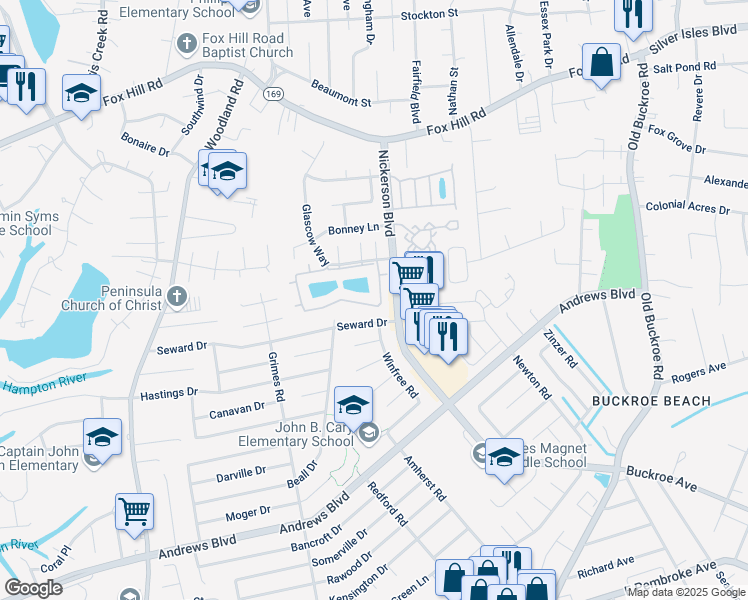 map of restaurants, bars, coffee shops, grocery stores, and more near 118 Loch Circle in Hampton
