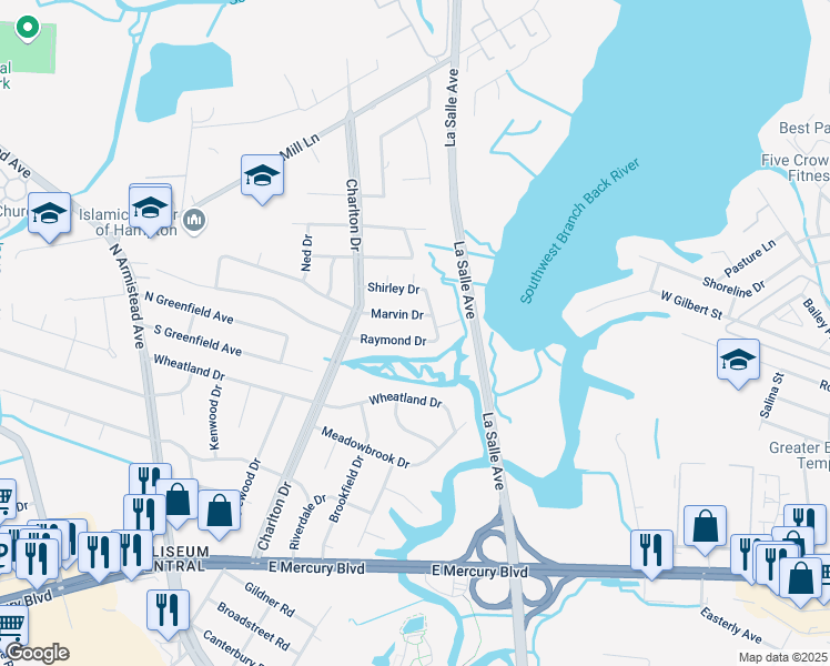 map of restaurants, bars, coffee shops, grocery stores, and more near 9 Marvin Drive in Hampton