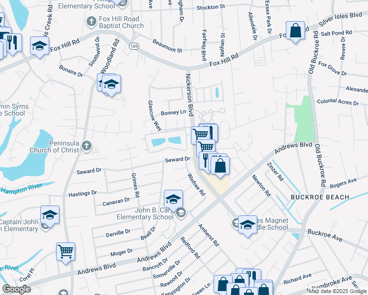 map of restaurants, bars, coffee shops, grocery stores, and more near 118 Loch Circle in Hampton
