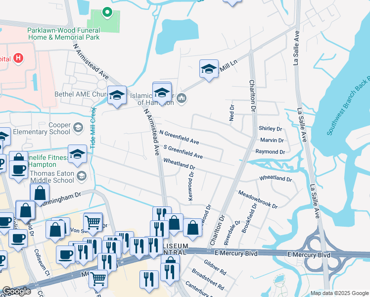 map of restaurants, bars, coffee shops, grocery stores, and more near 22 North Greenfield Avenue in Hampton