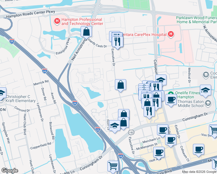 map of restaurants, bars, coffee shops, grocery stores, and more near 40 Rutland Drive in Hampton