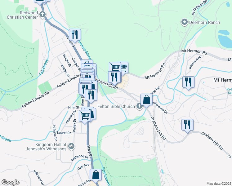 map of restaurants, bars, coffee shops, grocery stores, and more near Covered Bridge Road South in Felton