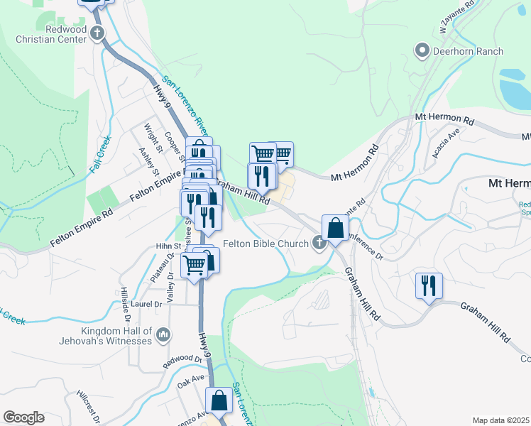 map of restaurants, bars, coffee shops, grocery stores, and more near Covered Bridge Road South in Felton