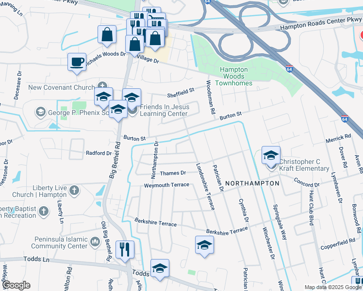 map of restaurants, bars, coffee shops, grocery stores, and more near 312 Bond Street in Hampton