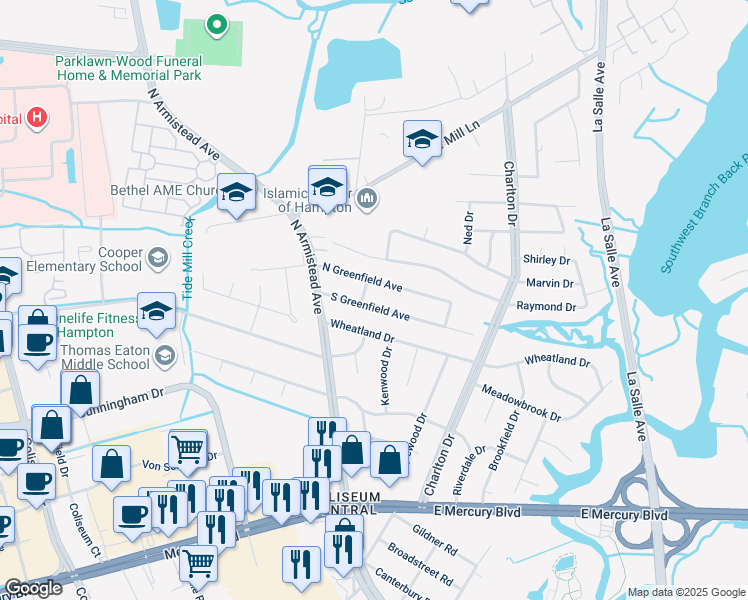 map of restaurants, bars, coffee shops, grocery stores, and more near 22 North Greenfield Avenue in Hampton