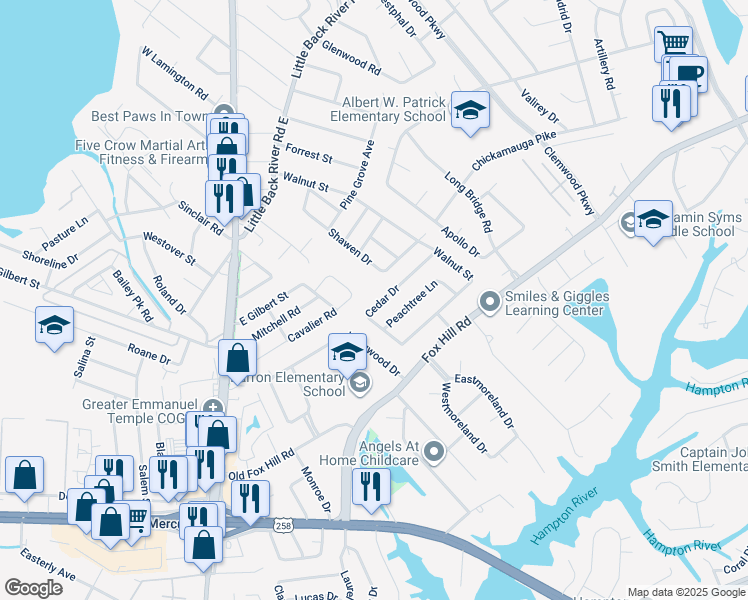 map of restaurants, bars, coffee shops, grocery stores, and more near 430 Cedar Drive in Hampton