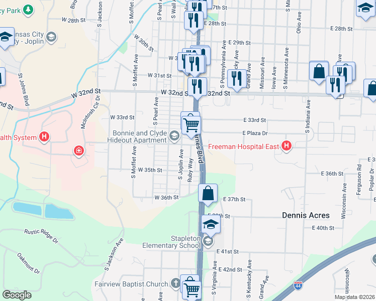 map of restaurants, bars, coffee shops, grocery stores, and more near 3410 Ruby Way in Joplin