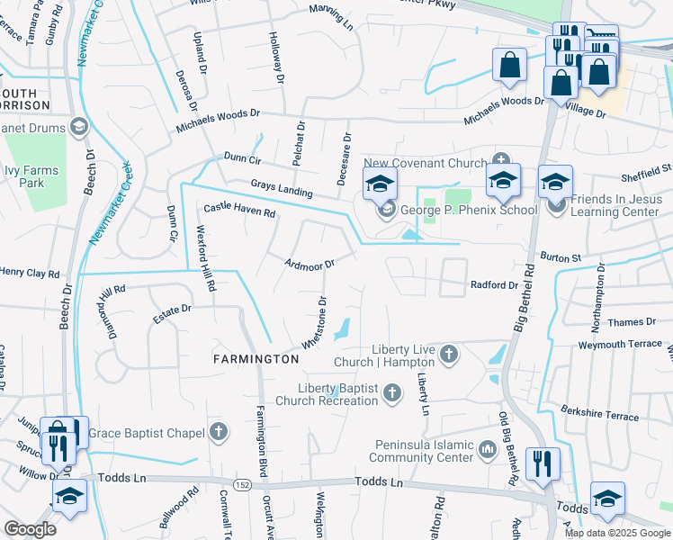 map of restaurants, bars, coffee shops, grocery stores, and more near 11 Ardmoor Drive in Hampton