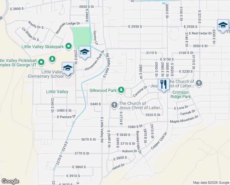 map of restaurants, bars, coffee shops, grocery stores, and more near 3358 2680 East Street in St. George