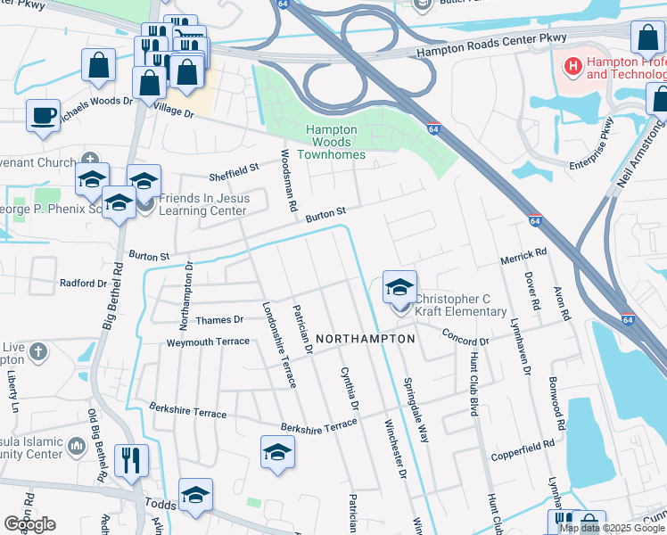 map of restaurants, bars, coffee shops, grocery stores, and more near 405 Winchester Drive in Hampton