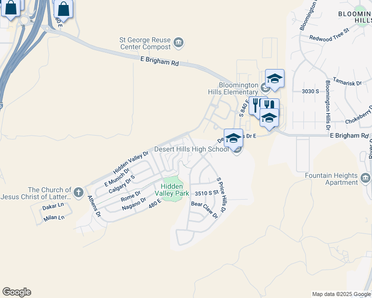 map of restaurants, bars, coffee shops, grocery stores, and more near 3328 South Price Hills Drive in St. George