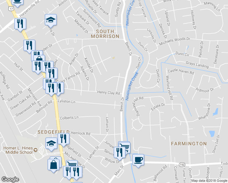 map of restaurants, bars, coffee shops, grocery stores, and more near 159 Henry Clay Road in Newport News