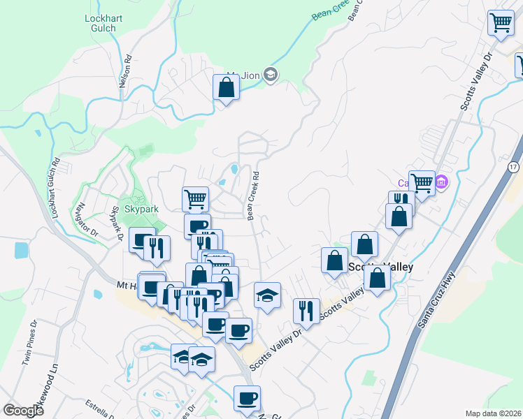 map of restaurants, bars, coffee shops, grocery stores, and more near 143 Viki Court in Scotts Valley