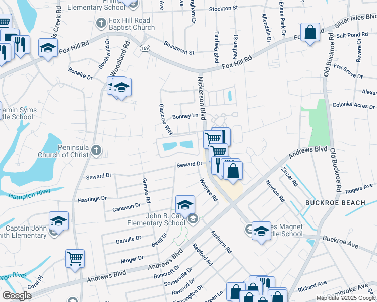 map of restaurants, bars, coffee shops, grocery stores, and more near 118 Loch Circle in Hampton
