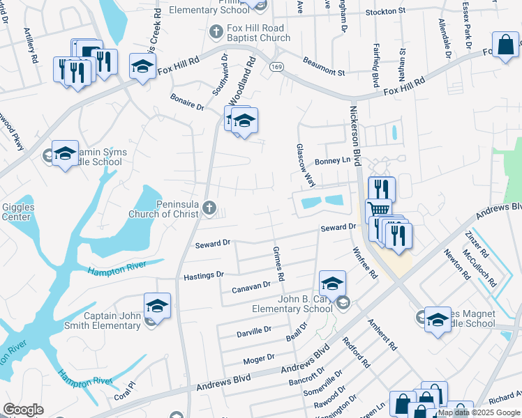 map of restaurants, bars, coffee shops, grocery stores, and more near 1515 Smithman Circle in Hampton