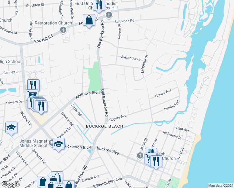 map of restaurants, bars, coffee shops, grocery stores, and more near 16 Easthill Court in Hampton