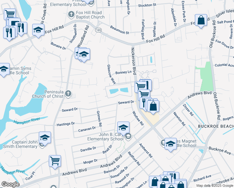 map of restaurants, bars, coffee shops, grocery stores, and more near 146 Loch Circle in Hampton