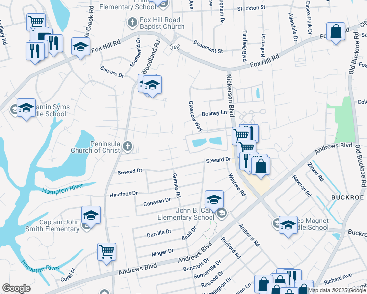 map of restaurants, bars, coffee shops, grocery stores, and more near 205 Loch Circle in Hampton