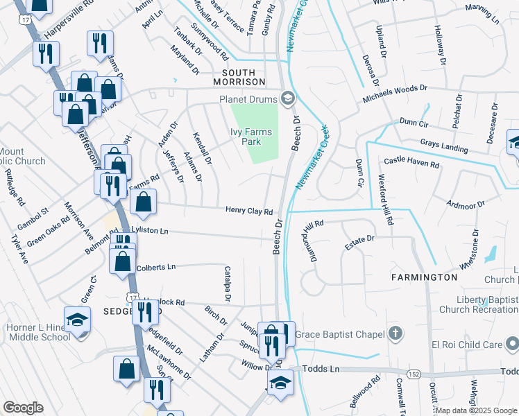 map of restaurants, bars, coffee shops, grocery stores, and more near 159 Henry Clay Road in Newport News