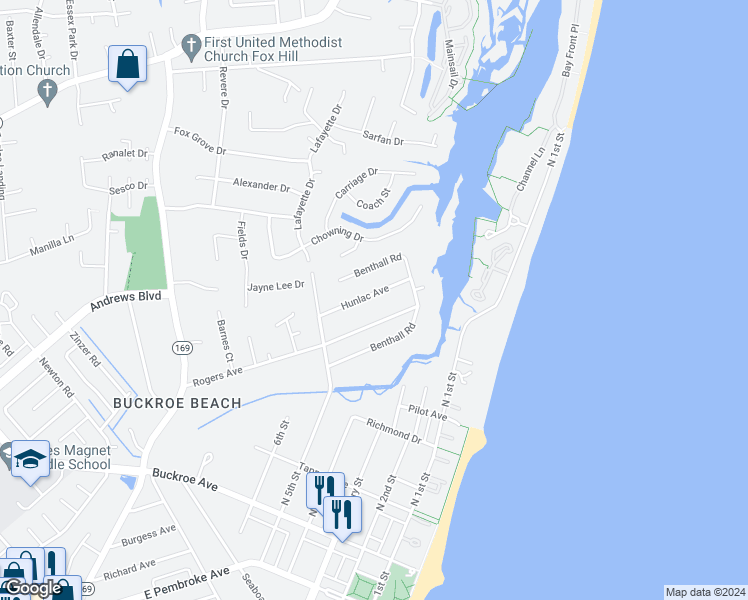 map of restaurants, bars, coffee shops, grocery stores, and more near 417 Hunlac Avenue in Hampton