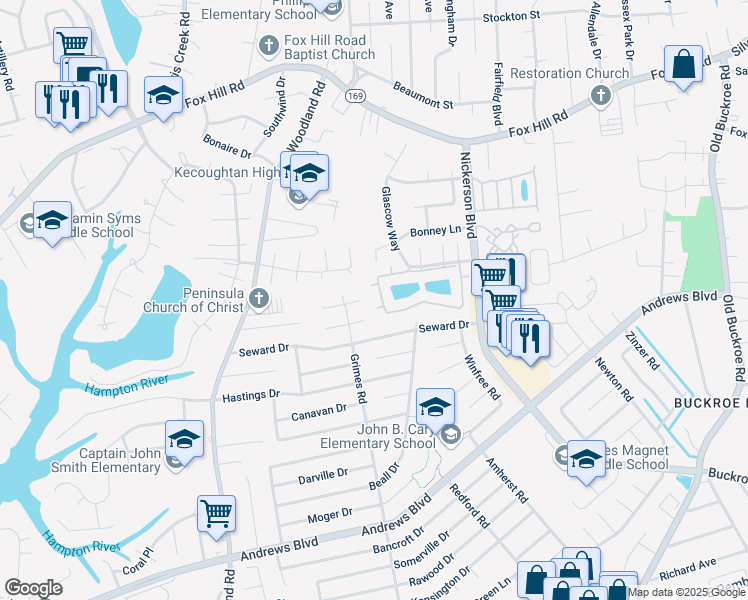map of restaurants, bars, coffee shops, grocery stores, and more near 205 Loch Circle in Hampton