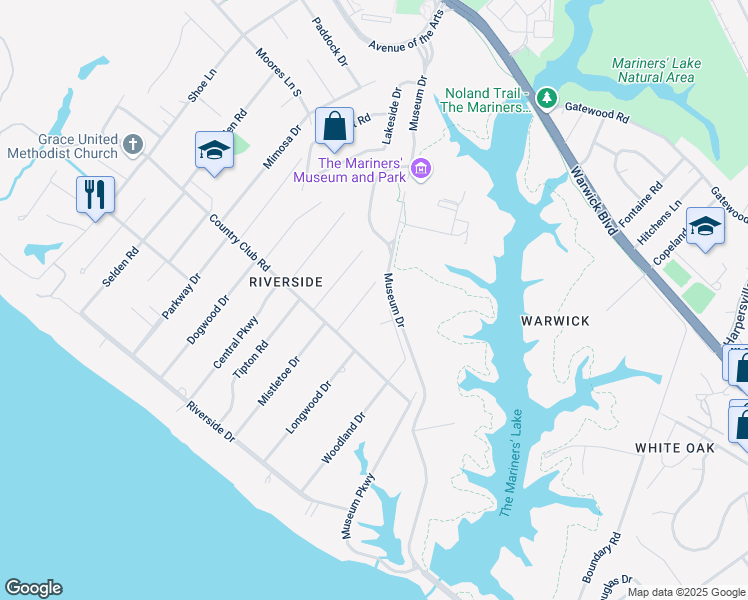 map of restaurants, bars, coffee shops, grocery stores, and more near 314 Longwood Drive in Newport News