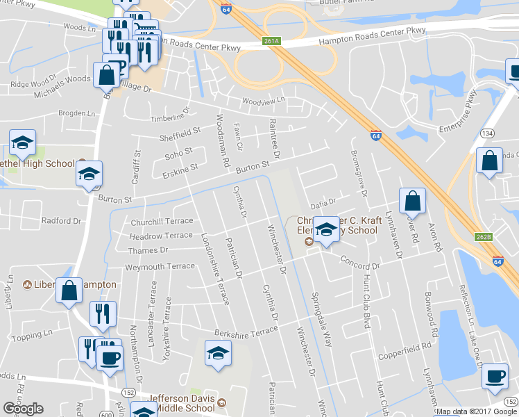 map of restaurants, bars, coffee shops, grocery stores, and more near 405 Winchester Drive in Hampton