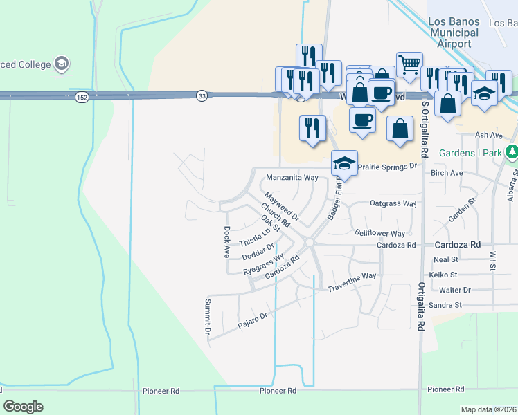 map of restaurants, bars, coffee shops, grocery stores, and more near 1569 Mayweed Drive in Los Banos