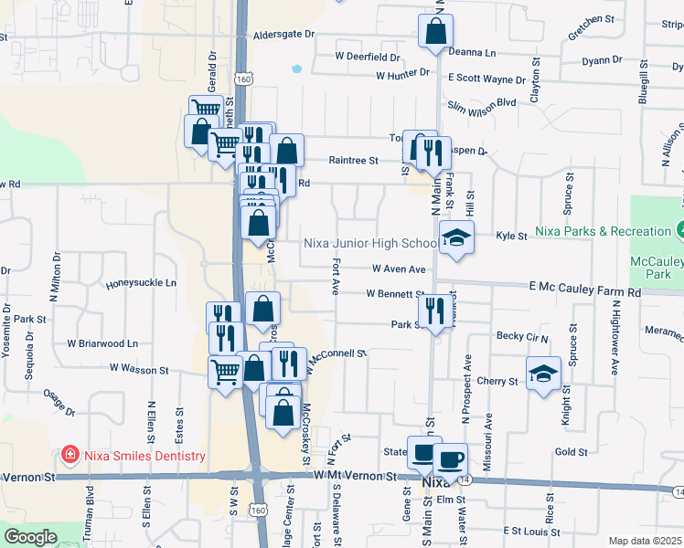 map of restaurants, bars, coffee shops, grocery stores, and more near 211 W Aven Ave in Nixa