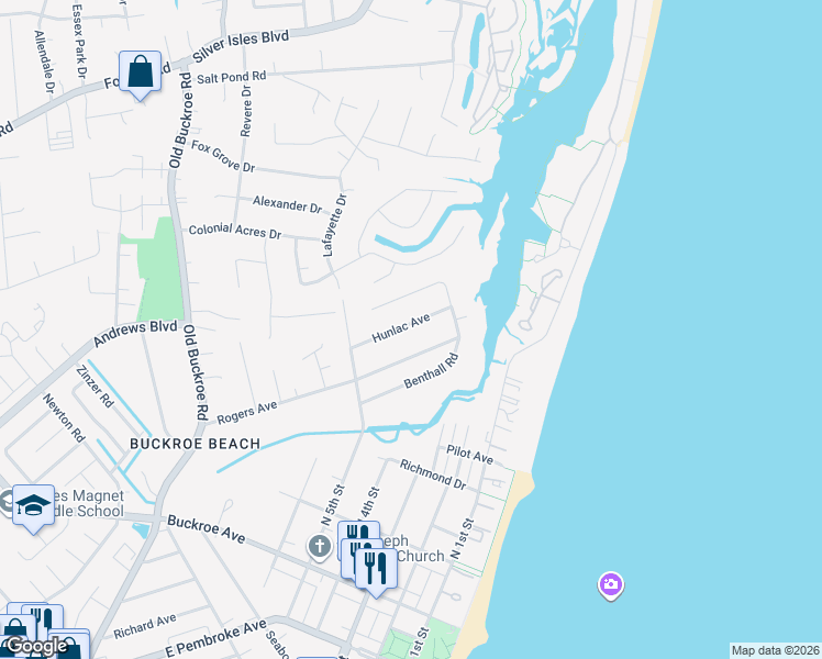 map of restaurants, bars, coffee shops, grocery stores, and more near 416 Hunlac Avenue in Hampton