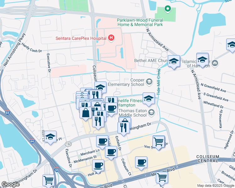 map of restaurants, bars, coffee shops, grocery stores, and more near 24 Barrymore Court in Hampton