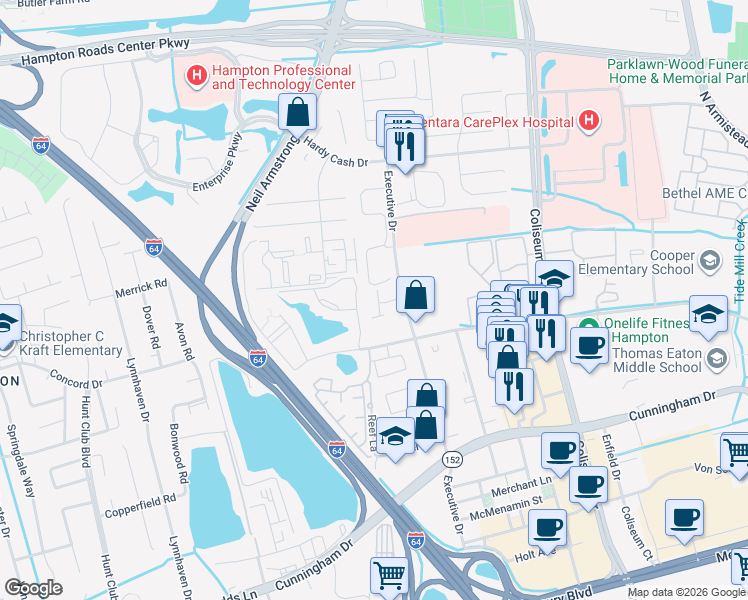map of restaurants, bars, coffee shops, grocery stores, and more near 40 Rutland Drive in Hampton