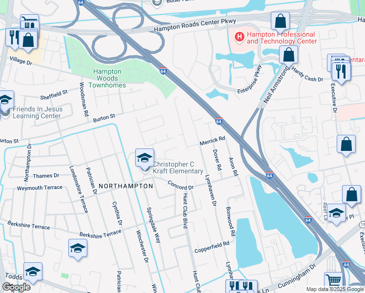 map of restaurants, bars, coffee shops, grocery stores, and more near 306 Bromsgrove Drive in Hampton