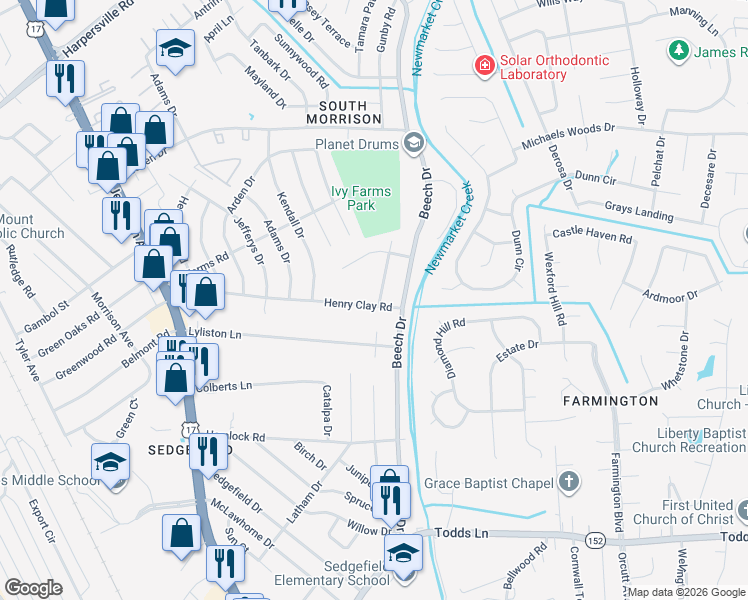 map of restaurants, bars, coffee shops, grocery stores, and more near 547 Almond Drive in Newport News