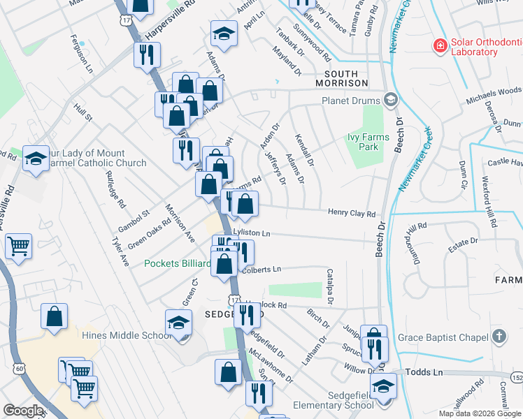 map of restaurants, bars, coffee shops, grocery stores, and more near 117 Henry Clay Road in Newport News
