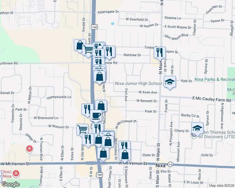 map of restaurants, bars, coffee shops, grocery stores, and more near 305 West Aven Avenue in Nixa