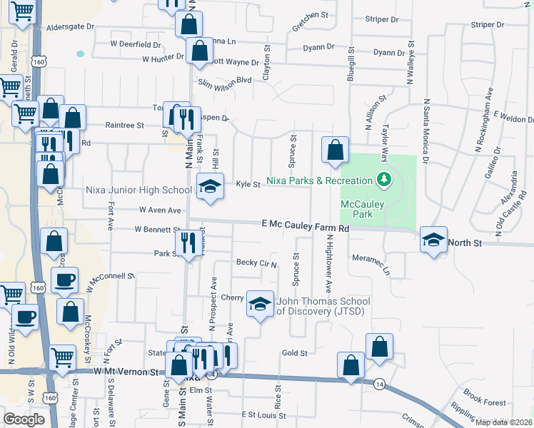 map of restaurants, bars, coffee shops, grocery stores, and more near 401-499 East Mc Cauley Farm Road in Nixa