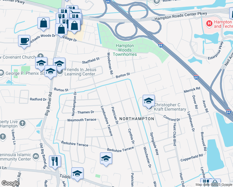 map of restaurants, bars, coffee shops, grocery stores, and more near 409 Cynthia Drive in Hampton