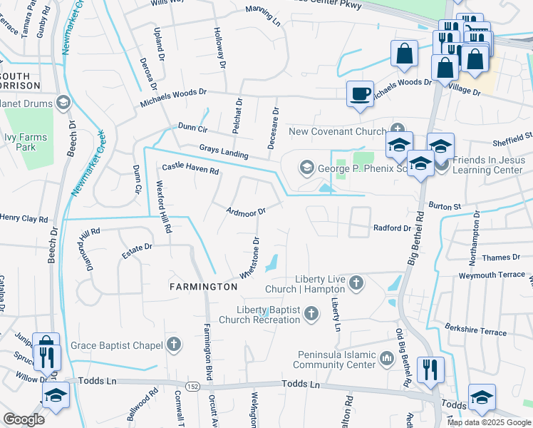 map of restaurants, bars, coffee shops, grocery stores, and more near 11 Ardmoor Drive in Hampton