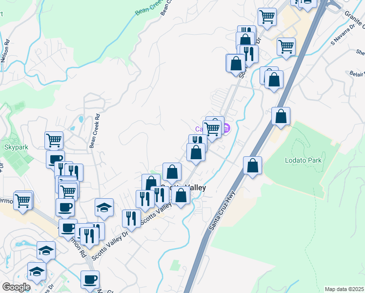 map of restaurants, bars, coffee shops, grocery stores, and more near 199 Woodhill Drive in Scotts Valley