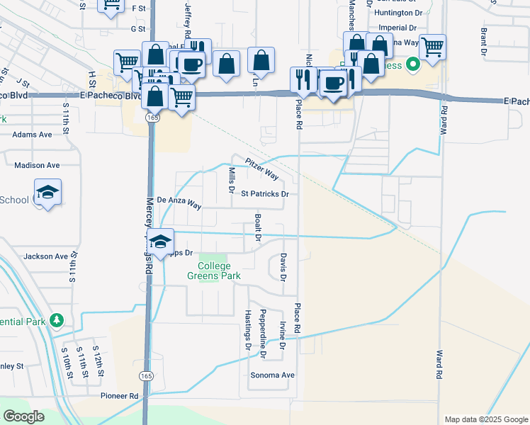 map of restaurants, bars, coffee shops, grocery stores, and more near 1864 De Anza Way in Los Banos