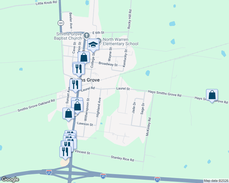 map of restaurants, bars, coffee shops, grocery stores, and more near 343-399 Laurel Street in Smiths Grove
