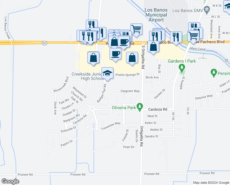 map of restaurants, bars, coffee shops, grocery stores, and more near 1183 Oatgrass Way in Los Banos