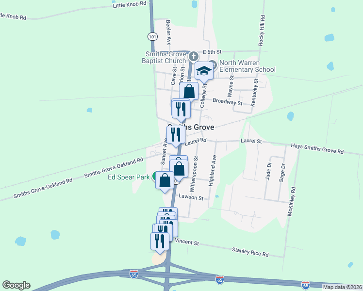 map of restaurants, bars, coffee shops, grocery stores, and more near 105 Laurel Road in Smiths Grove